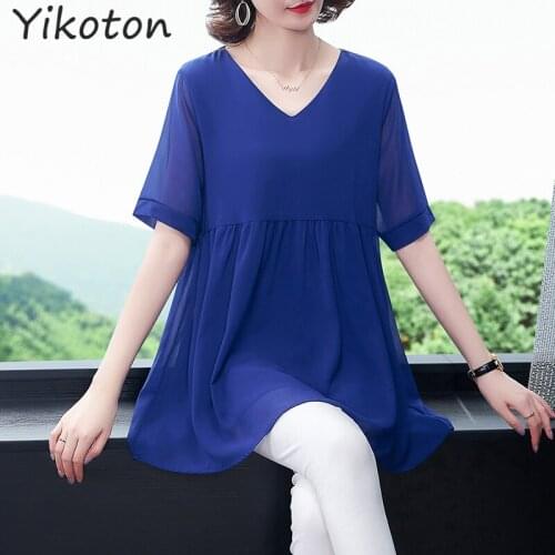 Dress Blouse Fashion 2021 Summer Big Size 5XL Loose Blouses and Shirts Simple Chiffon Shirt Half Sleeve V Neck Womens Clothing