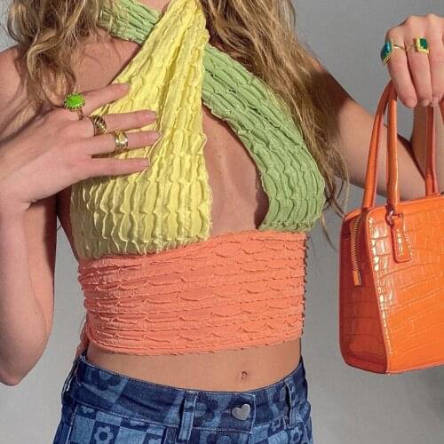 Womens Sexy Crop Top Fold Full Cup Bicolor Corset Top V Neck Collar Panelled Cross Halter Backless Bustier Lolita Clothes