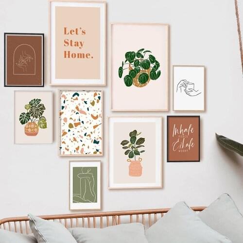 Abstract Earth Tone Posters and Prints House Green Plant Canvas Painting Line Body Woman Wall Art Geometric Pictures Home Decor