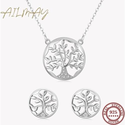 Ailmay 925 Sterling Silver Fashion Charm Tree Of Life Earrings Necklaces Jewelry Set For Women Wedding Engagement Jewelry