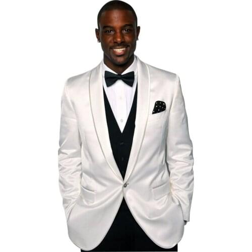 ANNIEBRITNEY 2020 New White Satin 3 Piece Men Suit WIth Black Waistcoat Slim Fit Groom Wedding Tuxedo Custom Prom Wedding Suit