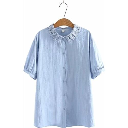 Plus size blouses tunics shirts 2021 new lace collar short sleeve cotton summer Womens t-shirts blue white yellow female tops