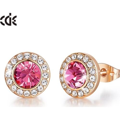 CDE Fashion Zircon Stone Pink Crystal Round Shape Stud Earrings Women Ear Beautiful Jewelry Gifts