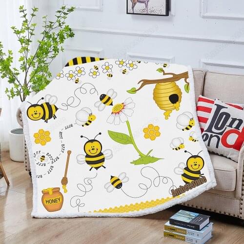 Bee Digital Collage Bed Blanket Funny Cartoon Throw Blanket Print on Demand Bedding Woof Plush Blanket for Sofa Bed Dropship