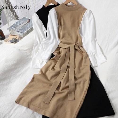 Sanishroly Long Knitted Dress Autumn Winter Women Sashes Patchwork Sweater Dresses Female Puff Sleeve Bottom Dress Vestidos C099