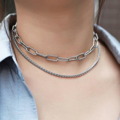 Double Layer Women Necklace Stainless Steel Box Link Paperclip Chain Choker for Women Girls Silver Color Fashion Jewelry DN272