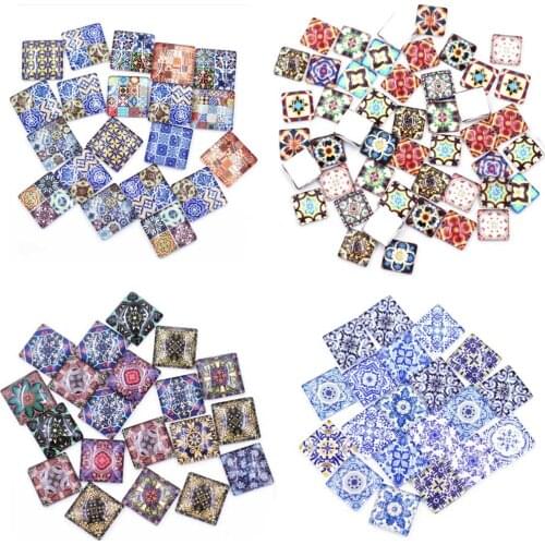 Cabochons Cameo Base Glass Flat Back Photo Square Geometric Patterns Flower For Jewelry DIY Finding 10-30mm