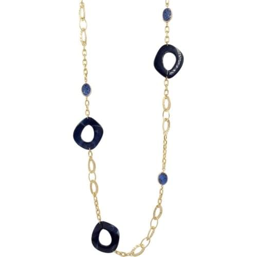 Classic Gold Color Navy Blue Acrylic Circle With Oval Circle Linked Super Long Neckalce For Women Girl Sweater Decoration
