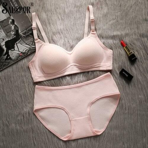 SALSPOR Summer Underwear Set Wireless Push Lingerie Solid Cotton Womens Thin Sport Bra Seamless Back Closure Bra Suit