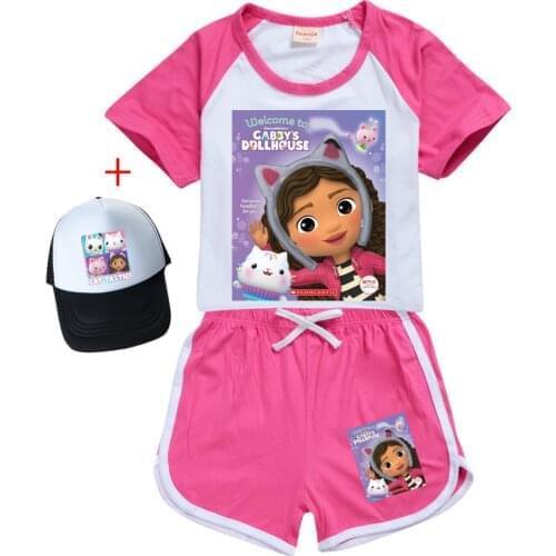 Baby Gabbys Dollhouse Outfit Two Piece Set Summer 3D Cartoon Printed Pullover Fashion Children Boys Girls Sports T-shirt+ Pants