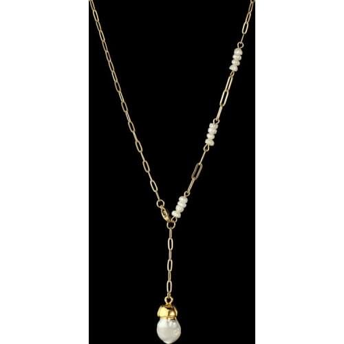 Creative Design Stainless Steel 14k Baroque Freshwater Pearl Long Lattice Chain Splicing Womens Necklace Clavicle Neck Chain