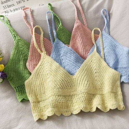 Women Kntting Cotton Crochet Crop Top Summer Spaghetti Strap V Neck Beach Tops Candy Color Sweet Scallop Edge Tops