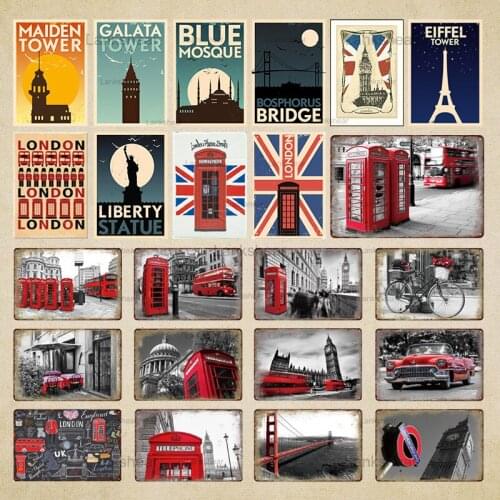 Retro London Tower Bridge Metal Tin Sign Vintage Iron Painting Plaque Telephone Booth Car Pub Home Galata Bridge Wall Decoration