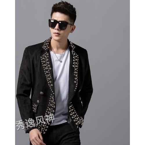 2020 autumn winter mens new personality rivets suede suit jacket fashion trend Slim handsome heavy craft Singer stage costume