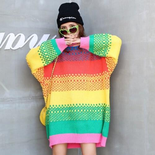 2021 New pull femme nouveaute Women Warm Rainbow Sweater and Pullovers Coloful Striped Knitwear Long Oversized Pull Sweaters