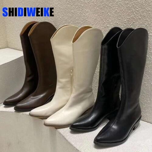 New Soft Leather Women Knee High Boots Low Heel Western Cowboy Boots Women Boots Shoes Female Winter Boots Zipper Size 35-40