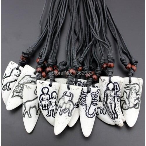 Wholesale 12 pcs/SET Imitation Yak Bone Carved Sign Zodiac Constellations Pendants Necklace Amulet MN447