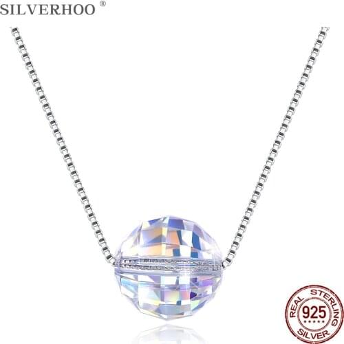 SILVERHOO 925 Sterling Silver Necklace For Women Simple Ball Pendant Chain Necklaces Colorful Austria Crystal Fine Jewelry New