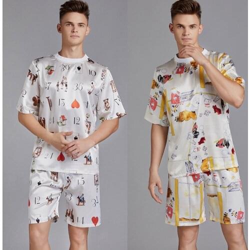 Summer Men Pyjama Set Print Satin Men Pajama Suit Short Sleeve Shorts Silk Pajama Man Sleepwear Spring Pajama Male Nightgown XXL