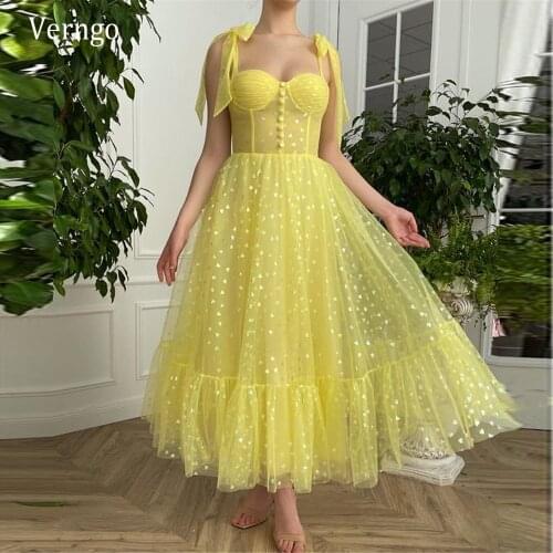 Verngo 2021 New Bright Yellow Tulle Hearts A Line Prom Dresses With Bow Tied Straps Sweetheart Ankle Length Formal Party Gown