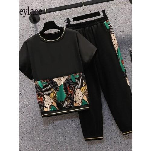 Plus size 4XL women Summer sportswear casual tracksuits female short sleeve pullover top and long pants two piece sets for women
