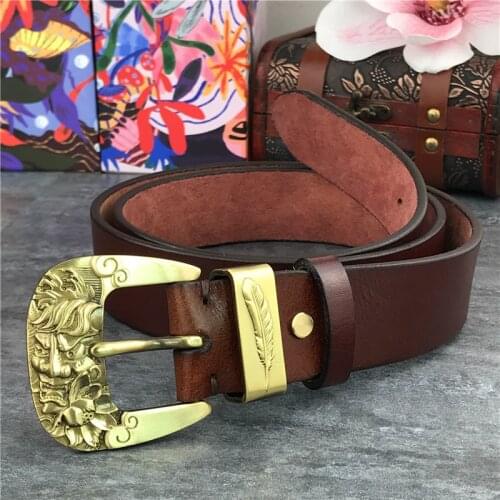 Men Belt Genuine Leather Vintage Brass Skull Belt Buckle Men Leather Belt Ceinture long Waist Belt Cinturon Mujer Riem MBT0114