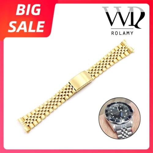 Rolamy 19 20 22mm Gold 316L Stainless Steel Silver Hollow Curved End Solid Screw Links Replacement Watch Band For Seiko Rolex