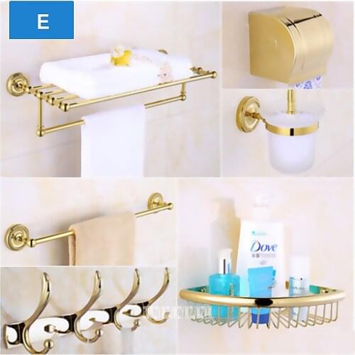 Luxury Golden Brass Bathroom Hardware Hanger Set Package QT01 Towel Bar Rack Holder Paper Shelf Hook Brush Bathroom Accessories