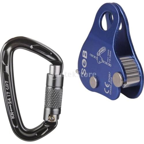 24KN Self Locking Carabiner + Aluminum Rope Grab Fall Protection Climbing Mountaineering Rappelling Gear