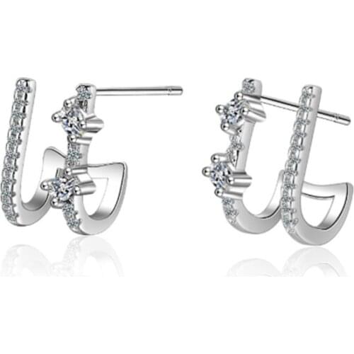Simple personality temperament trend wild set geometric two-color crystal silver plated stud earrings WE074