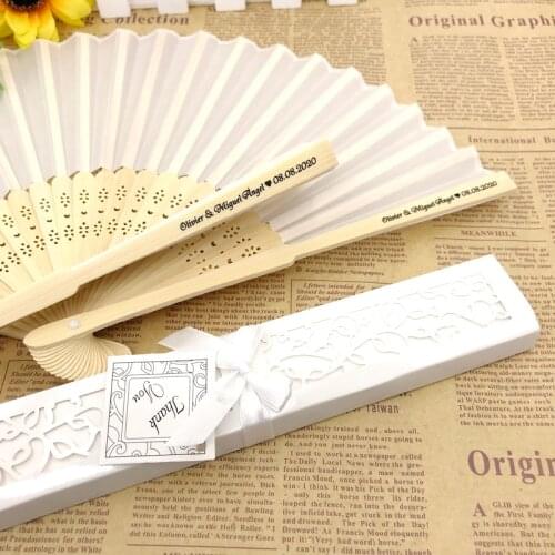 100PCS Customized Bride & Grooms Name and Date White Color Wedding Hand Fan In Organza Bag/Gift Box Welcome Drop Shipping