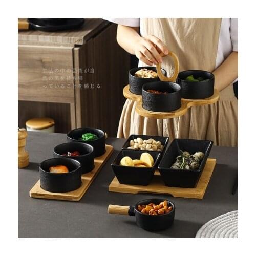 Japanese Style Ceramic Frosted Black Dish Household Seasoning Flavor Dish Divided Grid Dried Fruit Bowl Wooden Tray Tableware