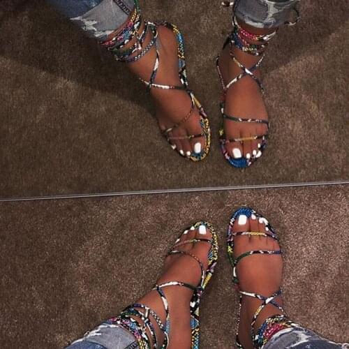 Women Sandlas Plus Size Sexy Cross Tied Round Round Head Lace Up Casual PU Female Flats Shoes Ankle Strap Fashion