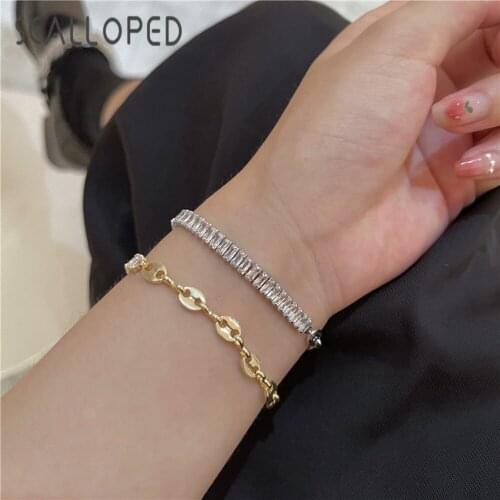 SCALLOPED French Brand Design Zircon Bracelet Women Personality Double Hole Adjustable Chain Fashion Jewelry Pulseira