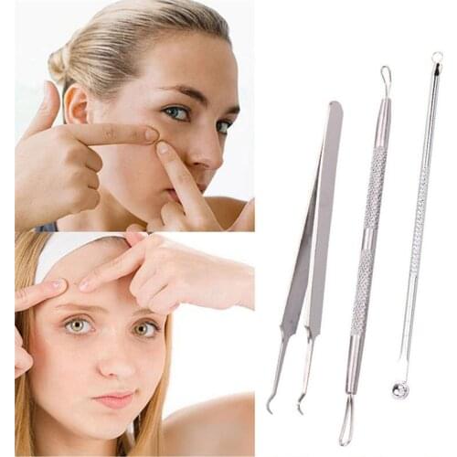 3pcs Practical Stainless Steel Bend Curved Tweezer Blackheads Clip Acne Needle Fashion Pimple Remover Tools Face Cleaner
