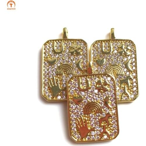 5pcs Cubic Zircon Charms Gold Brass Square Pendant Star Moon Gold Medal Pattern Shiny Pendant Necklace For Women Jewelry Gift Y