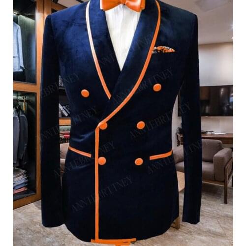 ANNIEBRITNEY New Design Double Breasted Slim Fit Men Suit for Prom Dinner Party Tuxedo Velvet Jacket with Black Cotton Pants Set