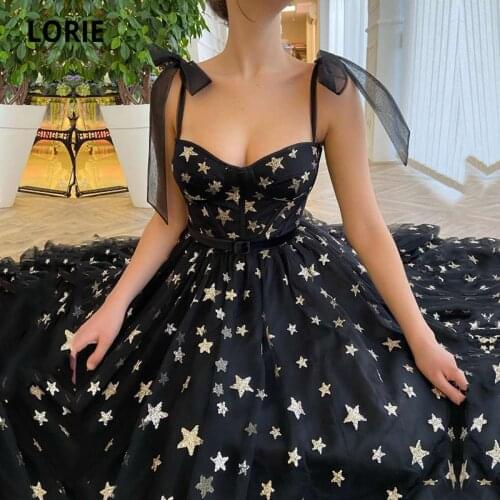 LORIE Glitter Shiny Gold Stars Prom Dresses Spaghetti Strap A-Line Black Dubai Arabic Evening Gown Tulle Celebrity Party Dress