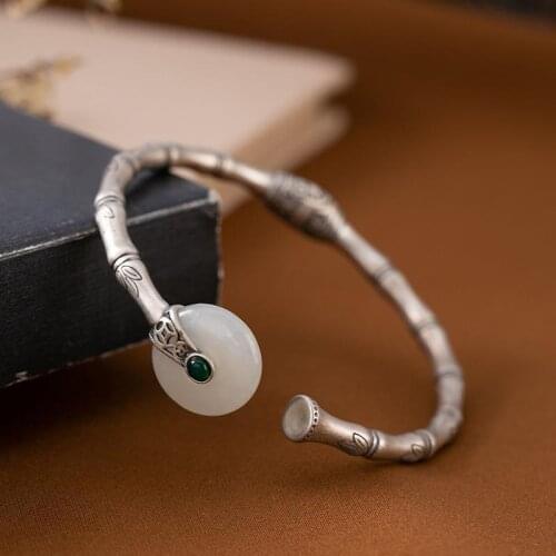 Snew natural Hetian white Chalcedony bamboo knot safety buckle bracelet Chinese style retro charm light luxury womens jewelry