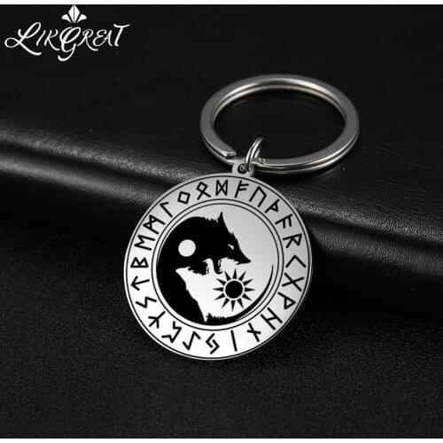 Yin Yang Wolf Sun Moon Viking Car Key Pendant Chain Hati and Skalli Talisman Stainless Steel Keyring Accessories Gadgets for Men
