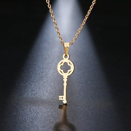 12PC Wholesale Gold Hollow Love Heart Shaped Key Necklace Stainless Steel Chain For Family Friend Girlfriend Lover Jewelry Gift