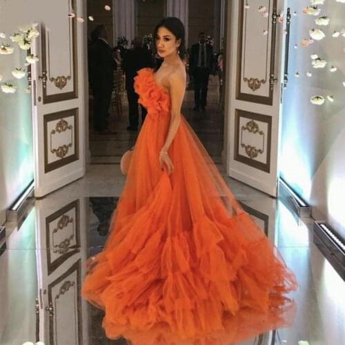 Orange A Line Long Evening Dresses 2021 Ruffled Tulle Strapless Prom Dress vestidos de fiesta Custom Made Party Night Gowns