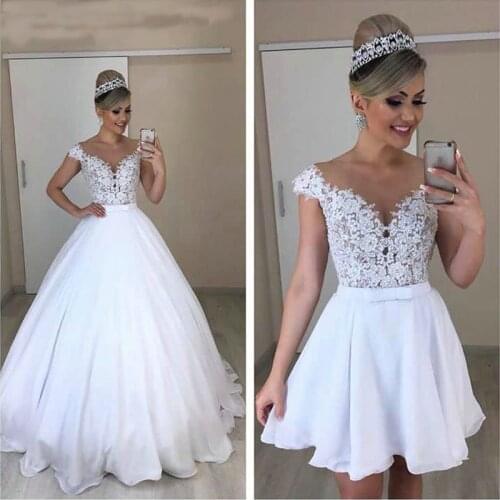 Elegant Lace 2 in 1 Wedding Dresses Detachable Skirt Bridal Dress Chiffon Bowknot Two Pieces Vestidos De Novia White Gowns