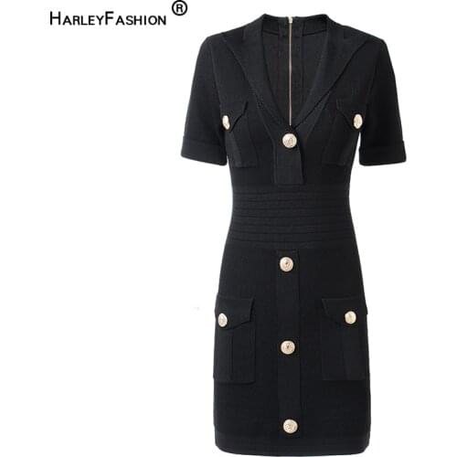 HarleyFashion New Summer Quality Short Sleeve Breathable Knitting Fabric Sexy V-neck Sheath Body con Casual Knit Dress