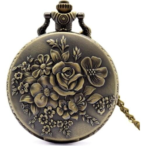 Exquisite Bronze Charm Flower Case Quartz Pocket Watch Chain Gift for Women Lady Girl Fob Watch
