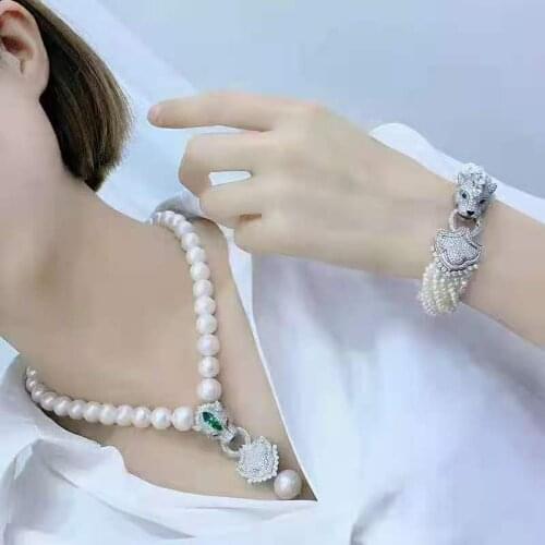 Leopard head clasp accessory 13-14mm Edison white freshwater pearl necklace bracelet set fashion jewelry