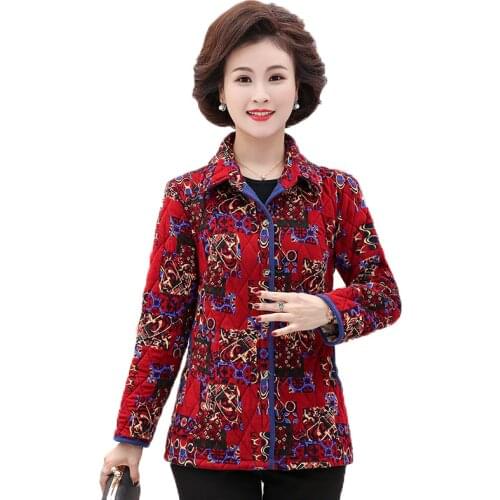 Lightweight Womens Cotton Coat Middle-aged and Elderly Womens Quilted Jacket Autumn Winter Plus Size Printed Thin Coat Tops