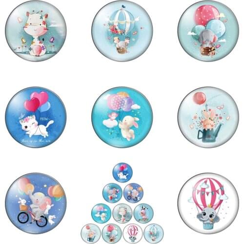 Cute Flying Elephants Animals Hot Air Balloon Happy Life 12mm/20mm/25mm/30mm Photo Glass Cabochon Demo Flat Back Making Findings