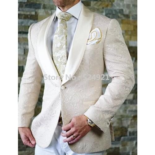 Groomsmen Ivory Pattern Groom Tuxedos Shawl Lapel Men Suits Side Vent Wedding/Prom Best Man ( Jacket+Pants+Tie ) C285