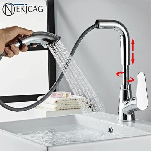 Nekjcag Pull Out Chrome Polished Basin Faucet Brass Rotatable Bathroom Faucet Single Handle Hot Cold Mixer Washbasin Faucet
